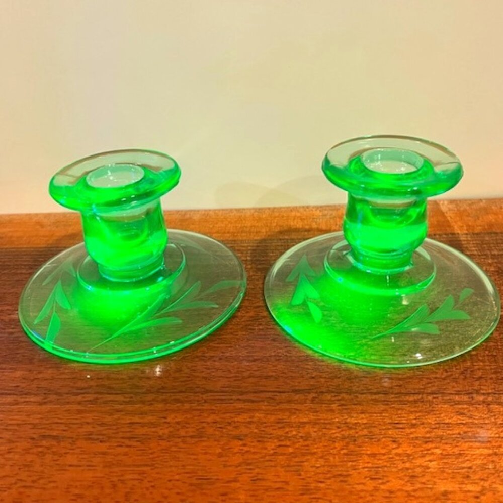 Pair Vintage Green Depression Uranium Glass Candle Stick Holder Etched Leaf Base